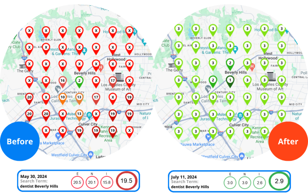 A before and after of local search results for a dentist in beverly hills trying to rank for the search term "dentist Beverly Hills." 