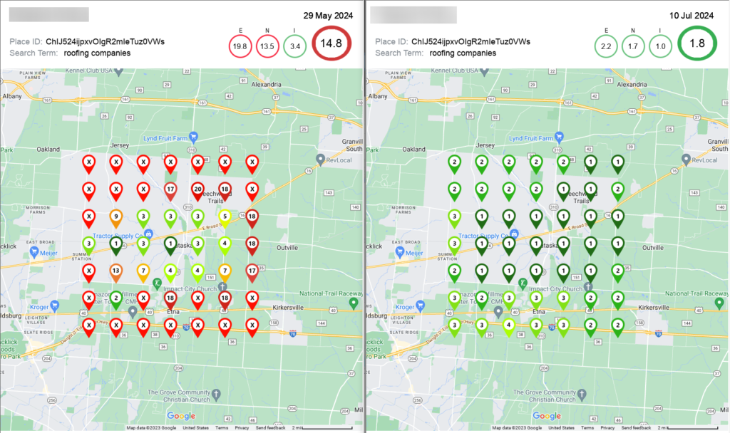 The before and after results from a Local SEO campaign of a companies ranking positions for the keyword "roofing companies."