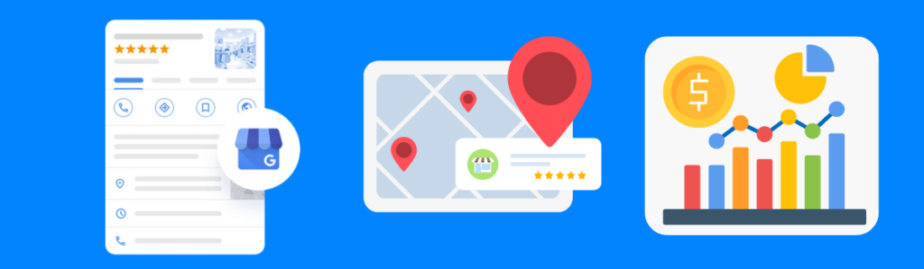 vector images of google business profile, google maps, and increasing money