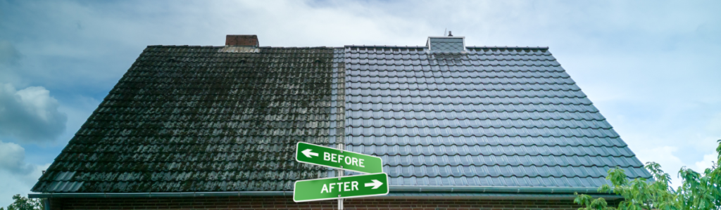 Before after image of a roof. 